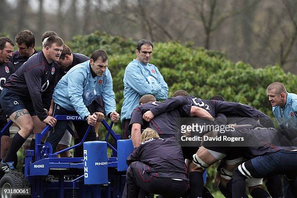 Martin Johnson, the England head coach watches scrummaging practice during the England training session held at Pennyhill Park on November 18, 2009...