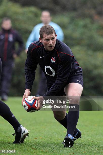 Dylan Hartley passes the ball during the England training session held at Pennyhill Park on November 18, 2009 in Bagshot, England.