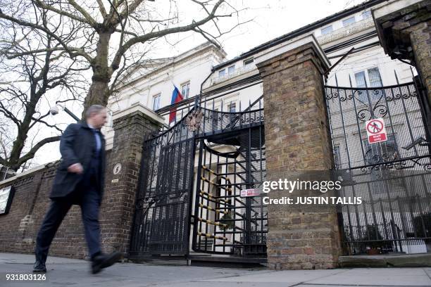 Man walks past The Russian consulate in London on March 14, 2018. / AFP PHOTO / Justin TALLIS