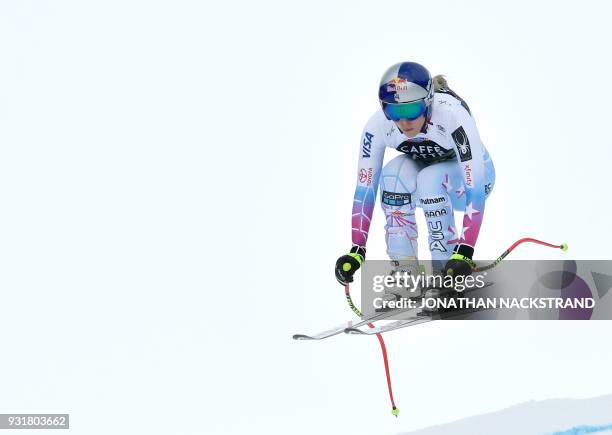 Lindsey Vonn competes in the Women's Downhill of the FIS World Cup final event in Aare, Sweden on March 14, 2018. / AFP PHOTO / Jonathan NACKSTRAND