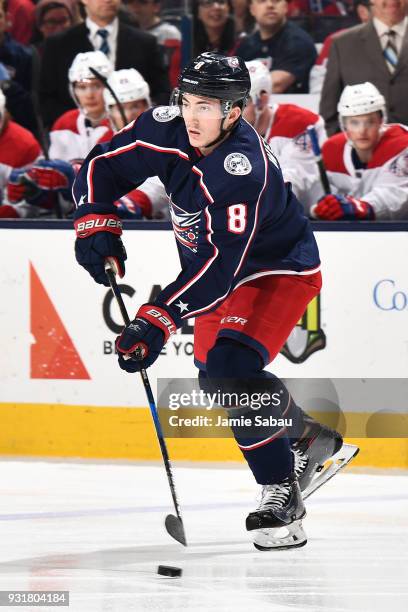 Zach Werenski of the Columbus Blue Jackets skates against the Montreal Canadiens on March 12, 2018 at Nationwide Arena in Columbus, Ohio.