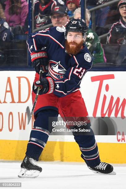 Ian Cole of the Columbus Blue Jackets skates against the Montreal Canadiens on March 12, 2018 at Nationwide Arena in Columbus, Ohio.