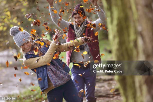 couple in woodland throwing leaves - versierd jak stockfoto's en -beelden