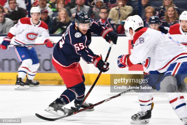 Mark Letestu of the Columbus Blue Jackets skates against the Montreal Canadiens on March 12, 2018 at Nationwide Arena in Columbus, Ohio.