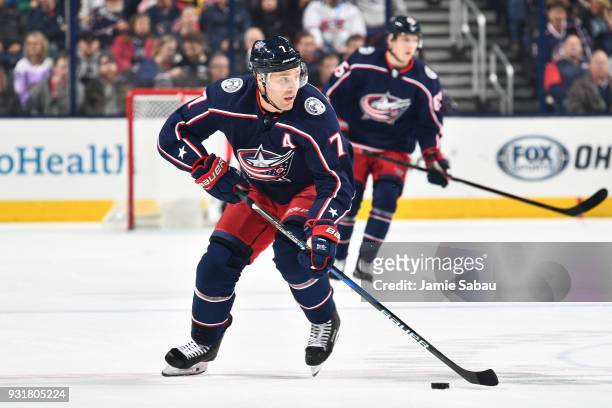Jack Johnson of the Columbus Blue Jackets skates against the Montreal Canadiens on March 12, 2018 at Nationwide Arena in Columbus, Ohio.