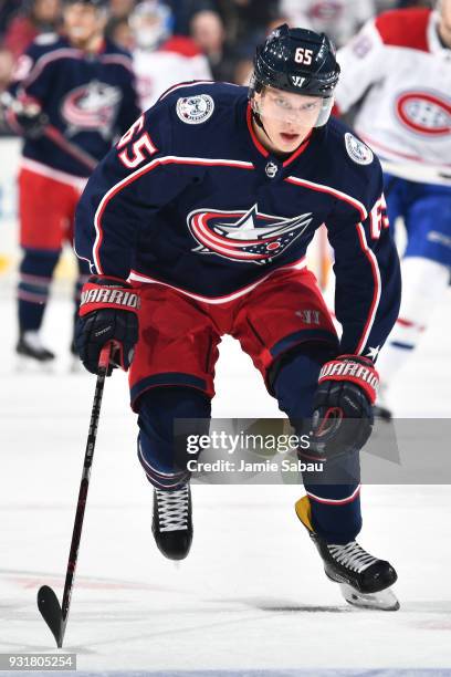 Markus Nutivaara of the Columbus Blue Jackets skates against the Montreal Canadiens on March 12, 2018 at Nationwide Arena in Columbus, Ohio.