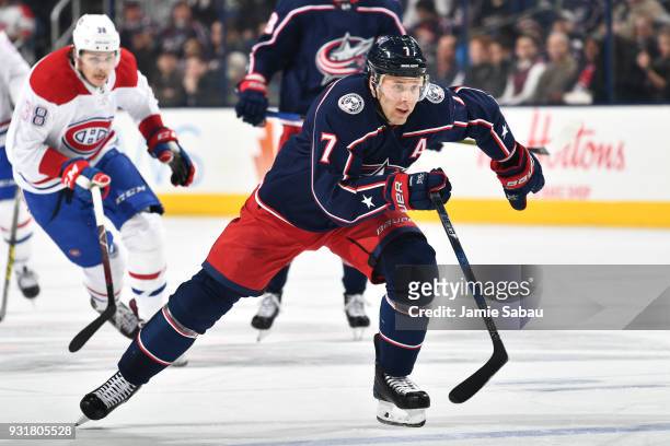 Jack Johnson of the Columbus Blue Jackets skates against the Montreal Canadiens on March 12, 2018 at Nationwide Arena in Columbus, Ohio.