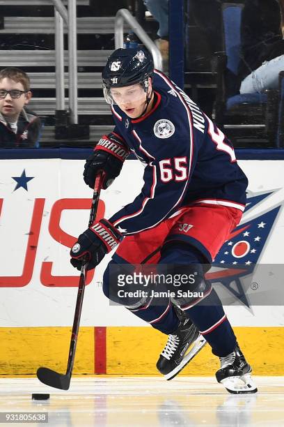 Markus Nutivaara of the Columbus Blue Jackets skates against the Montreal Canadiens on March 12, 2018 at Nationwide Arena in Columbus, Ohio.
