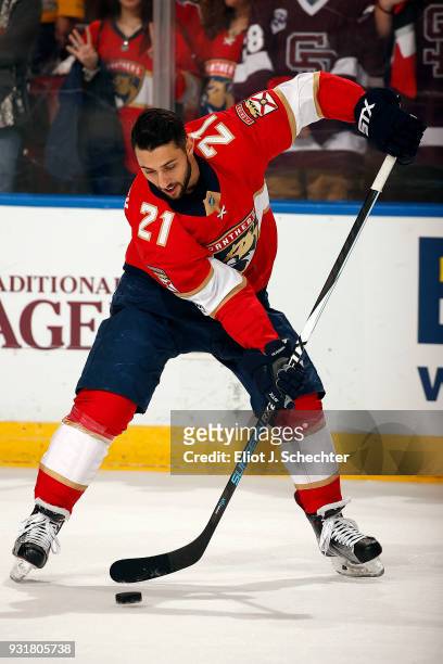 Vincent Trocheck of the Florida Panthers skates on the ice during warm ups against the Ottawa Senators at the BB&T Center on March 12, 2018 in...