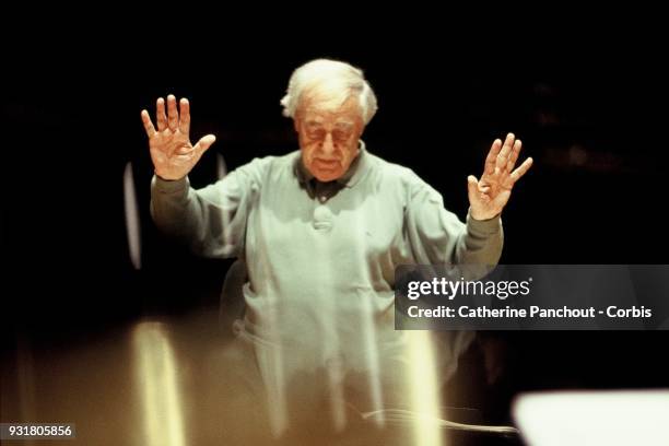 French composer and conductor Pierre Boulez on November 05, 2002 in Paris, France. Rehearsals with the Ensemble Intercontemporain in the concert hall...