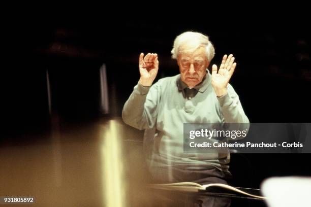 French composer and conductor Pierre Boulez on November 05, 2002 in Paris, France. Rehearsals with the Ensemble Intercontemporain in the concert hall...