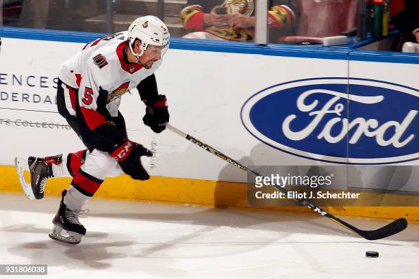 Cody Ceci of the Ottawa Senators skates with the puck against the Florida Panthers at the BB&T Center on March 12, 2018 in Sunrise, Florida.