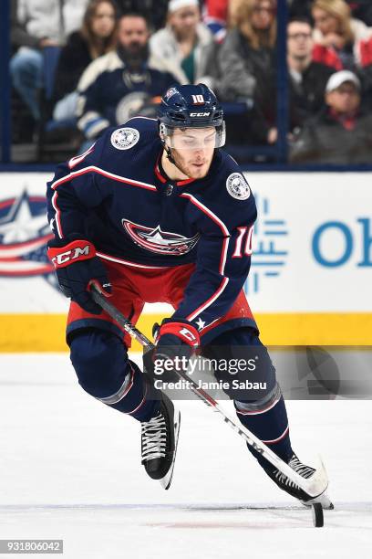 Alexander Wennberg of the Columbus Blue Jackets skates against the Montreal Canadiens on March 12, 2018 at Nationwide Arena in Columbus, Ohio.