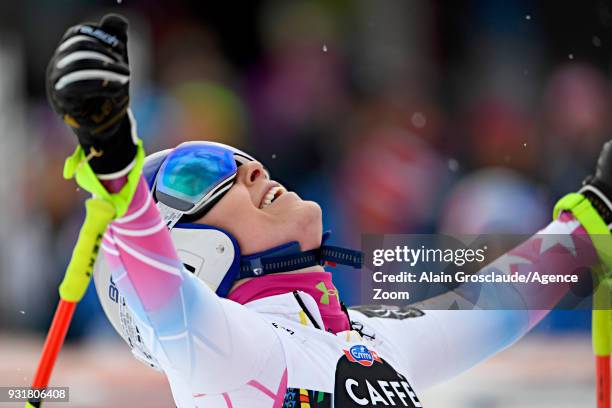 Lindsey Vonn of USA celebrates during the Audi FIS Alpine Ski World Cup Finals Men's and Women's Downhill on March 14, 2018 in Are, Sweden.