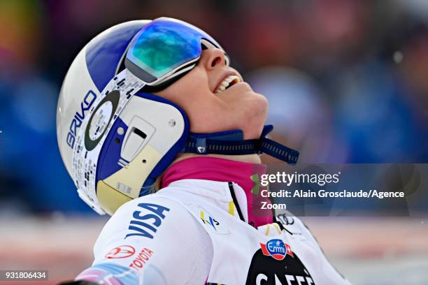 Lindsey Vonn of USA celebrates during the Audi FIS Alpine Ski World Cup Finals Men's and Women's Downhill on March 14, 2018 in Are, Sweden.