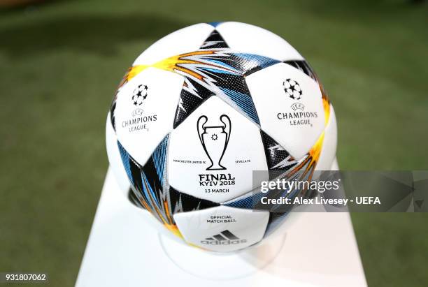 The official match ball is seen prior to the UEFA Champions League Round of 16 Second Leg match between Manchester United and Sevilla FC at Old...