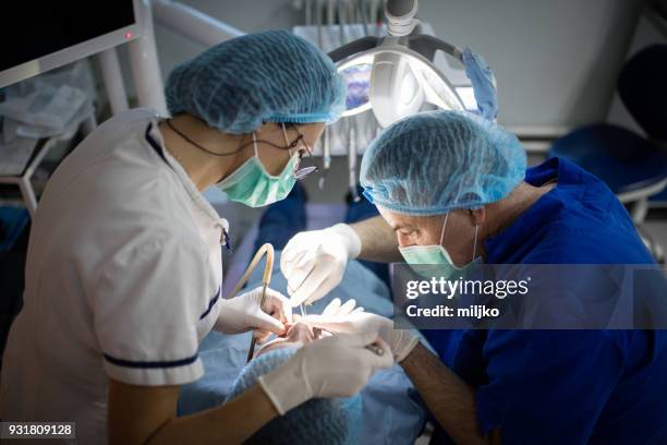 dentist examining patient and doing dental surgery - operação imagens e fotografias de stock