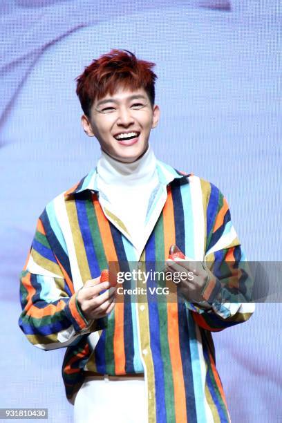 Singer Aaron Yan attends a press conference to promote his new extended play on March 14, 2018 in Taipei, Taiwan.