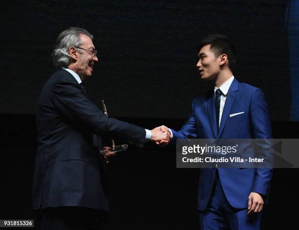 Internazionale Milano board member Steven Zhang Kangyang and Massimo Moratti attend FC Internazionale 110 Years Anniversary at Hangar Pirelli on...