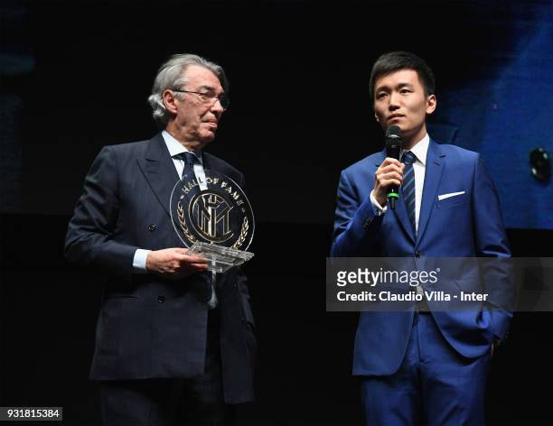 Internazionale Milano board member Steven Zhang Kangyang and Massimo Moratti attend FC Internazionale 110 Years Anniversary at Hangar Pirelli on...