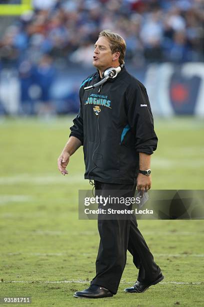 Head coach Jack Del Rio of the Jacksonville Jaguars looks on during the game against the Tennessee Titans during the game at LP Field on November 1,...