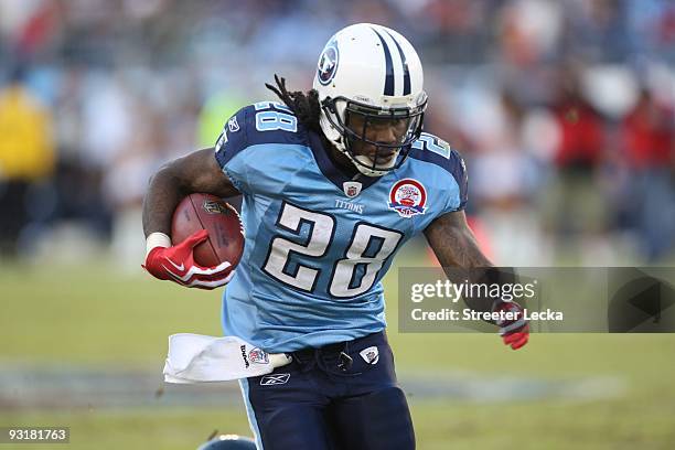 Chris Johnson of the Tennessee Titans carries the ball during the game against the Jacksonville Jaguars at LP Field on November 1, 2009 in Nashville,...