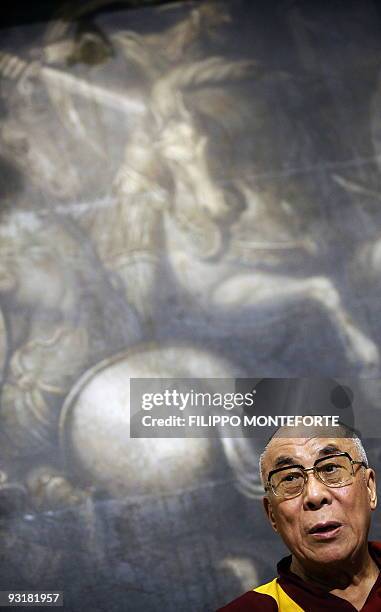 Tibet's exiled spiritual leader the Dalai Lama gives a press conference during his visit to the Italian Parliament on November 18, 2009 in Rome's...
