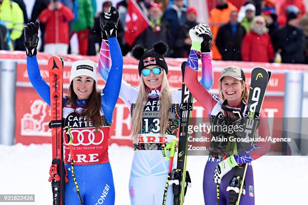 Sofia Goggia of Italy takes 2nd place, Lindsey Vonn of USA takes 1st place, Alice Mckennis of USA takes 3rd place during the Audi FIS Alpine Ski...