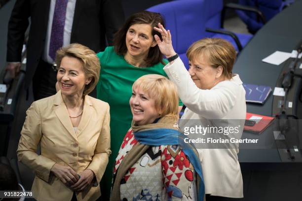 Designated German Defense Minister Ursula von der Leyen , Parliamentary group co-leader of the German Greens Party , Katrin Goering-Eckardt , German...