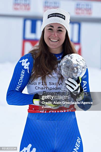 Sofia Goggia of Italy wins the globe in the women downhill standing during the Audi FIS Alpine Ski World Cup Finals Men's and Women's Downhill on...