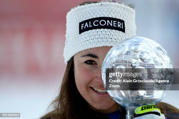 Sofia Goggia of Italy wins the globe in the women downhill standing during the Audi FIS Alpine Ski World Cup Finals Men's and Women's Downhill on...