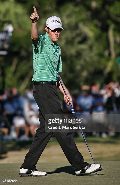 Nick O'Hern from Australia gestures during the final round at the Children's Miracle Network Classic at Disney's Magnolia & Disney's Palm Course on...