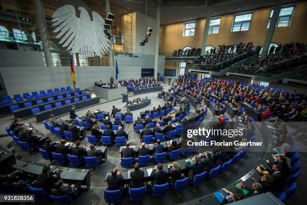 German Chancellor Angela Merkel sits at the government bank after her Merkels swear-in as the chancellor on March 14, 2018 in Berlin, Germany. 5,5...