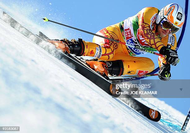 Canada's Jean-Philippe Roy competes in men's giant slalom during the opening of FIS Alpine Skiing World cup on Rettenbach glacier in Soelden on...