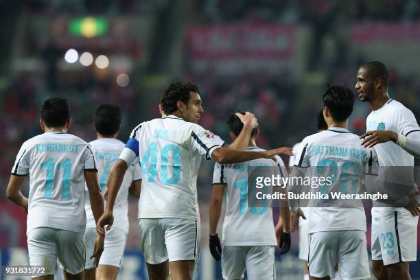 Diogo of Buriram United celebrates scoring his side's second goal with his team mates during the AFC Champions League Group G game between Cerezo...
