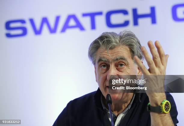 Nick Hayek, chief executive officer of Swatch Group AG, gestures as he speaks during a news conference to announce the company's full year results in...