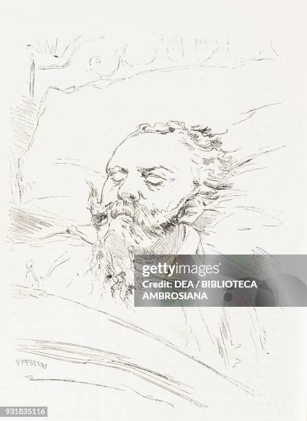 Victor Emmanuel II on his deathbed, drawing from a sketch from real life by Dante Paolocci January 10 Rome, Italy, engraving from L'Illustrazione...