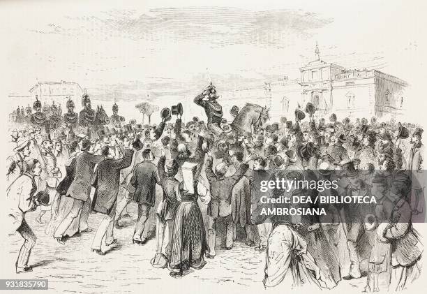 Public gathering for the new King Umberto I in piazza dell'Indipendenza following the oath, 1 King Umberto I, 2 Duke of Aosta Amadeo Ferdinand of...