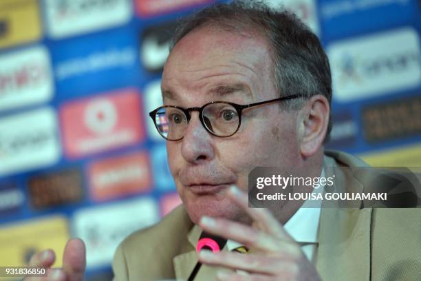 Chairman of the FIFA monitoring committee for the Hellenic Football Federation Herbert Huebel talks during a news conference in Athens, at the...