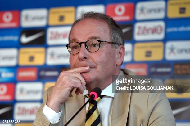 Chairman of the FIFA monitoring committee for the Hellenic Football Federation Herbert Huebel talks during a news conference in Athens, at the...