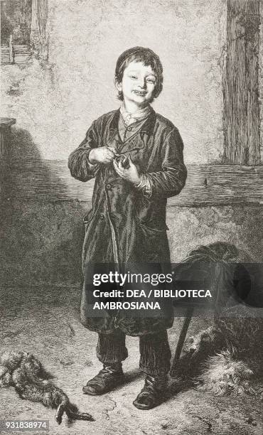 The first success, street urchin enjoying the fruits of a probable theft, from a painting by Ludwig Knaus , engraving from L'Illustrazione Italiana,...