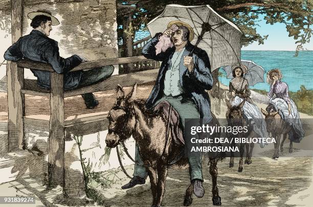 Man and women on a mule, drawing by William Small, illustration from The Graphic, volume XXVIII, no 719, September 8, 1883. Digitally colorized image.