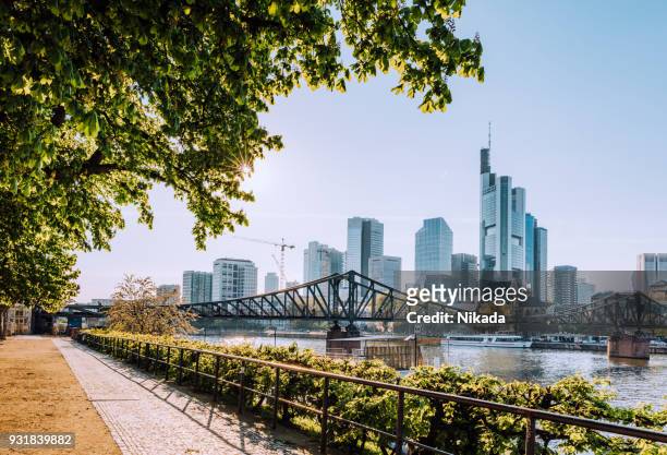 frankfurt skyline with sun - frankfurt germany stock pictures, royalty-free photos & images