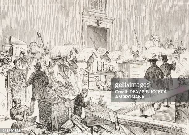 Preparations for the conclave in the courtyard of San Damaso, Apostolic Palace, Vatican City, drawing from real life by Dante Paolocci , engraving...
