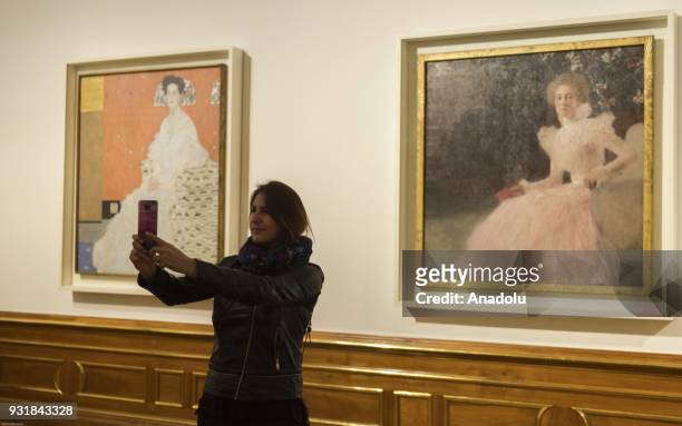 Visitor takes a selfie at the World's largest collection of Gustav Klimt at the Upper Belvedere, Belvedere Palace in Vienna, Austria on March 14,...