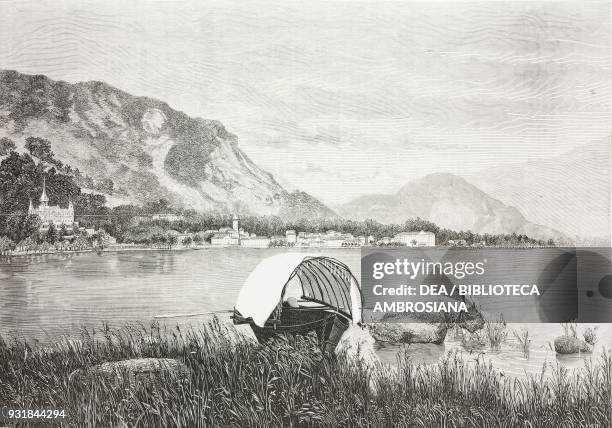 Reeds on the shore of Lake Maggiore with views of Baveno and Mount Orphan in the background, drawing by Cornaglia from a photograph, engraving by...