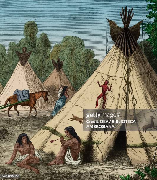 Comanche Indian camp, Native Americans, drawing from Travels in the southern provinces of India, 1862-1864, by Alfred Grandidier , from Il Giro del...