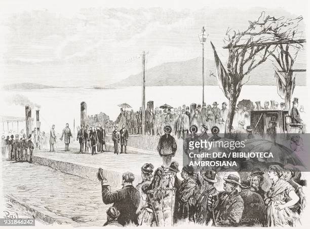 Prince Amedeo of Savoy arriving at Baveno port to meet Victoria, Queen of the United Kingdom Italy, drawing by Dante Paolocci , engraving by...