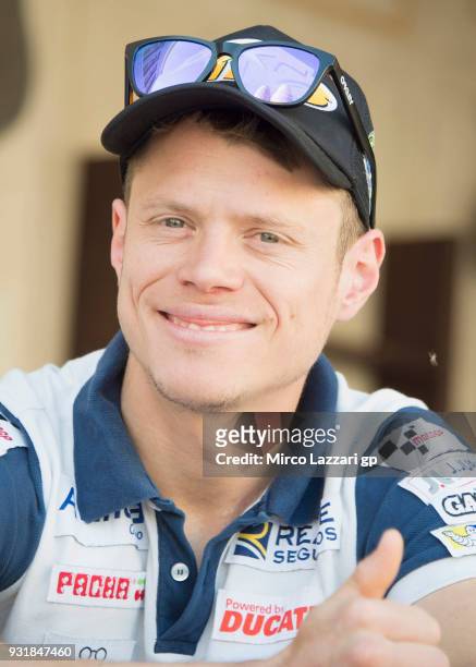 Esteve Rabat of Spain and Reale Avintia Racing smiles during a visit to the Katara Cultural Centre by the MotoGP riders on March 14, 2018 in Doha,...