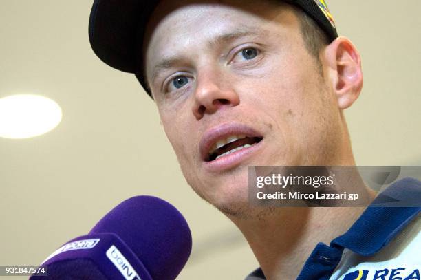 Esteve Rabat of Spain and Reale Avintia Racing speaks with journalists during a visit to the Katara Cultural Centre by the MotoGP riders on March 14,...